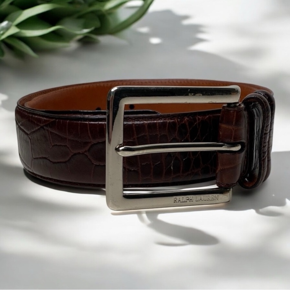 Ralph Lauren Dark Brown Croc-Embossed Belt Size Medium